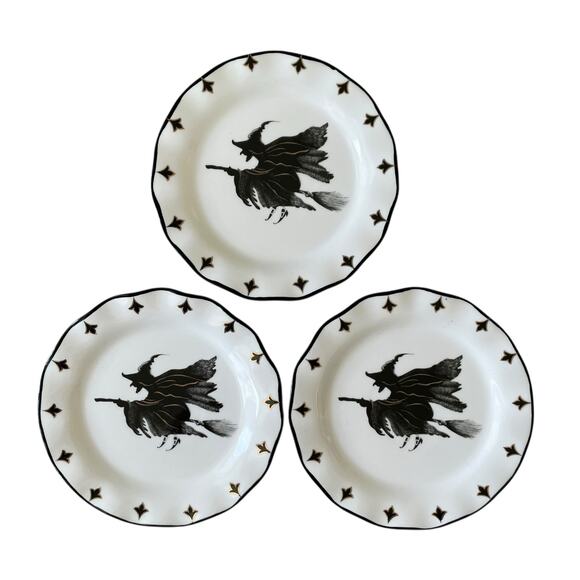 Potter's Studio Halloween Witch 6in Appetizer Plates Scalloped Set of 3 NEW - Picture 1 of 8